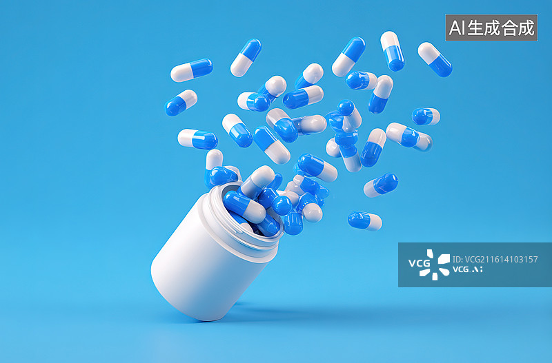 【AI数字艺术】药瓶倾倒胶囊飞散图片素材