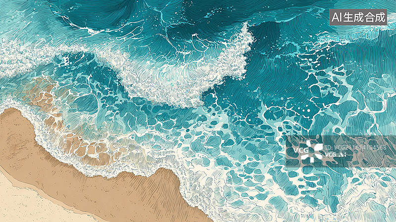 【AI数字艺术】海浪拍打沙滩的景象图片素材