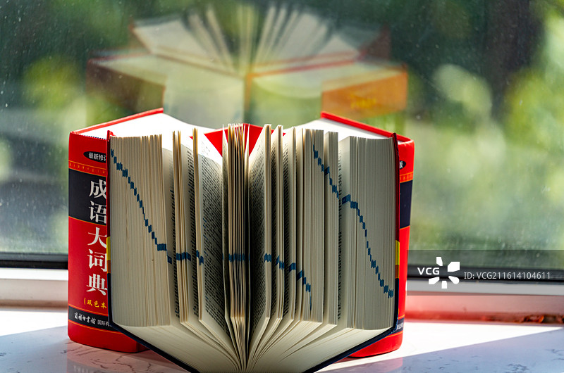纯绿色虚化背景中窗台上的成语大词典新英汉汉英词典新华汉语词典工具书特写镜头图片素材