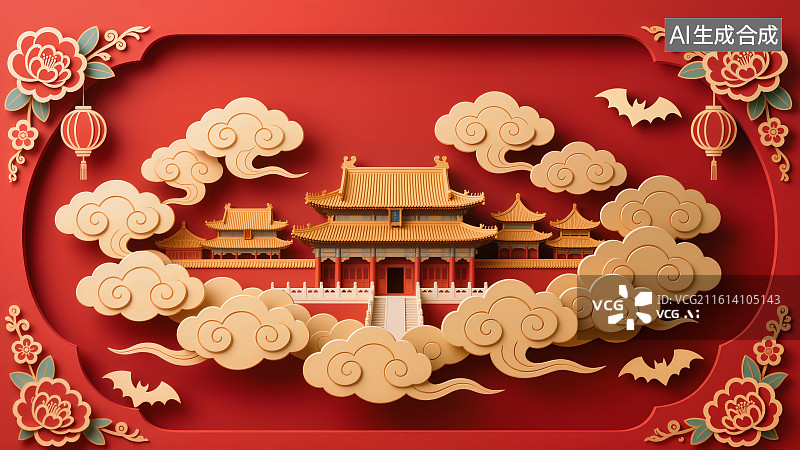 【AI数字艺术】红色喜庆的中国传统宫殿式建筑与祥云纸艺插画背景图片素材