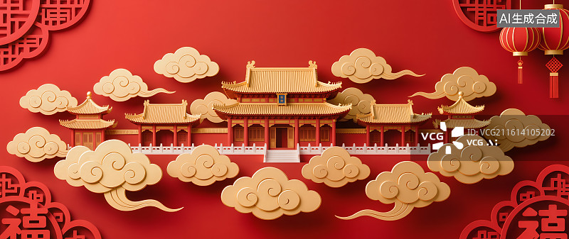 【AI数字艺术】红色喜庆的中国传统宫殿式建筑与祥云纸艺插画背景图片素材
