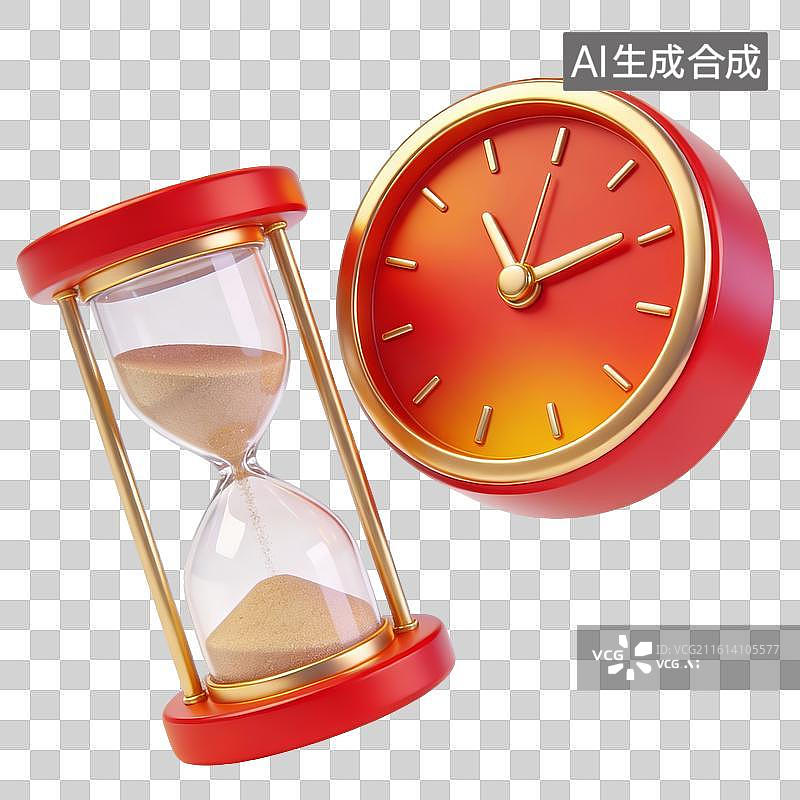 【AI数字艺术】3D红金沙漏时钟计时插画图片素材