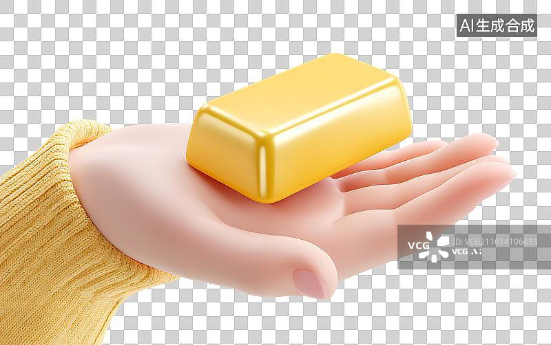 【AI数字艺术】卡通小手上拿着一块金砖图片素材