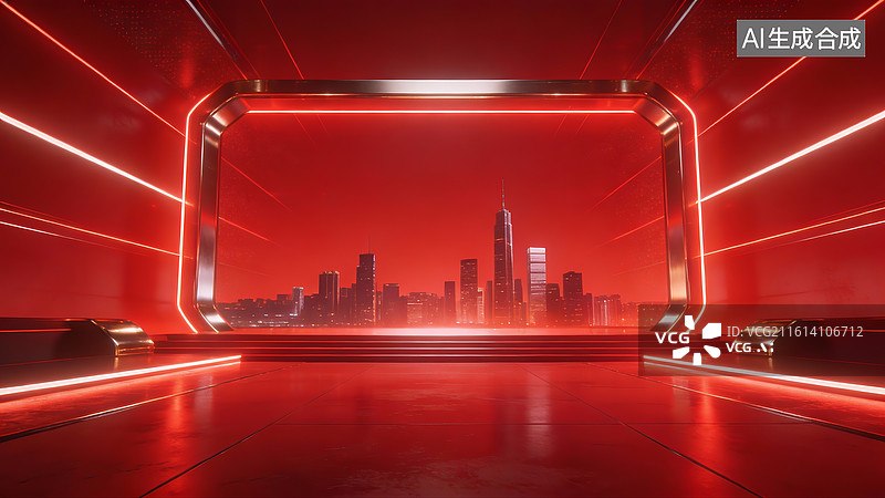 【AI数字艺术】3D红色科技城市通道背景图片素材
