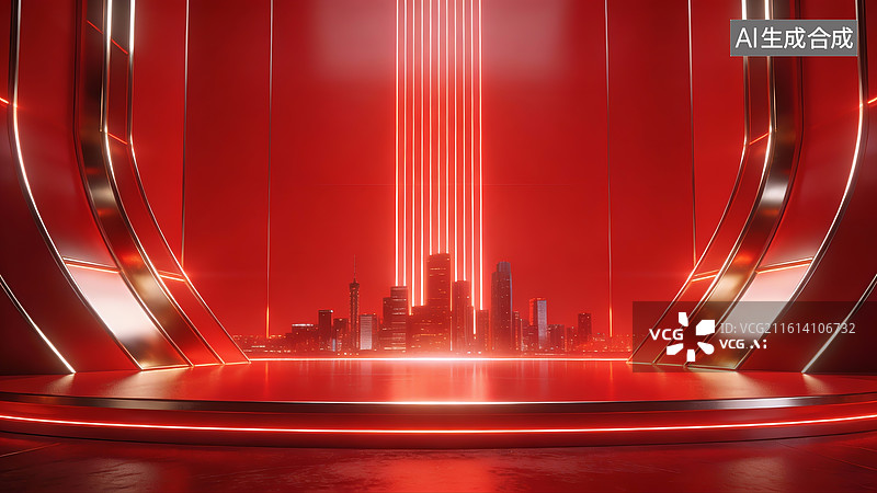 【AI数字艺术】3D红色霓虹舞台展台图片素材