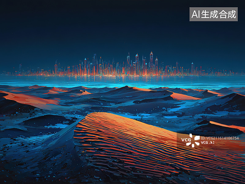 【AI数字艺术】沙漠夜景与未来城市图片素材