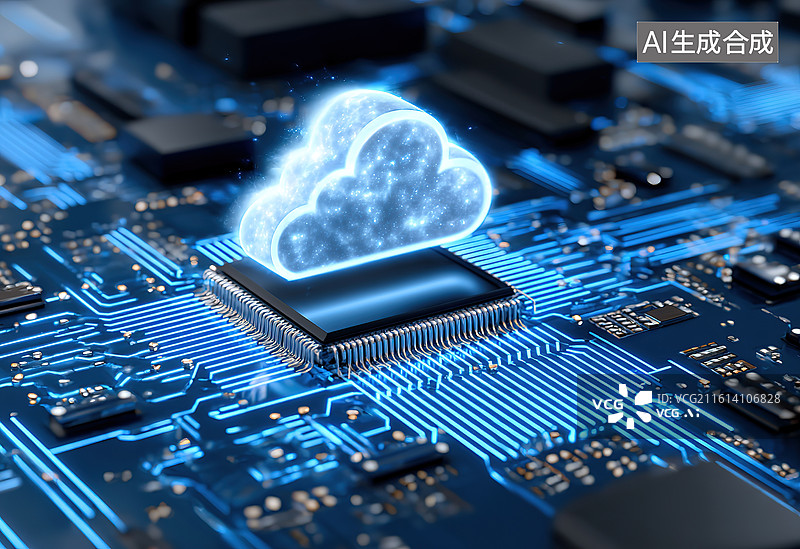 【AI数字艺术】芯片上的发光云朵图片素材
