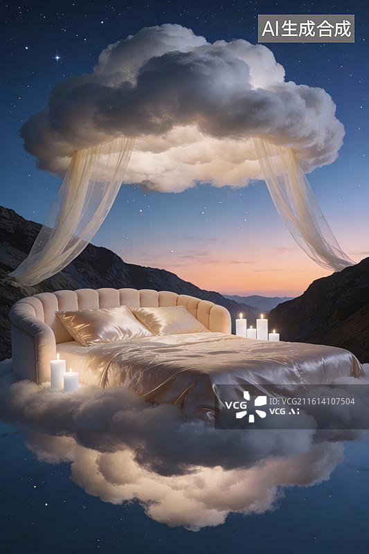 【AI数字艺术】山间梦幻云朵床景图片素材