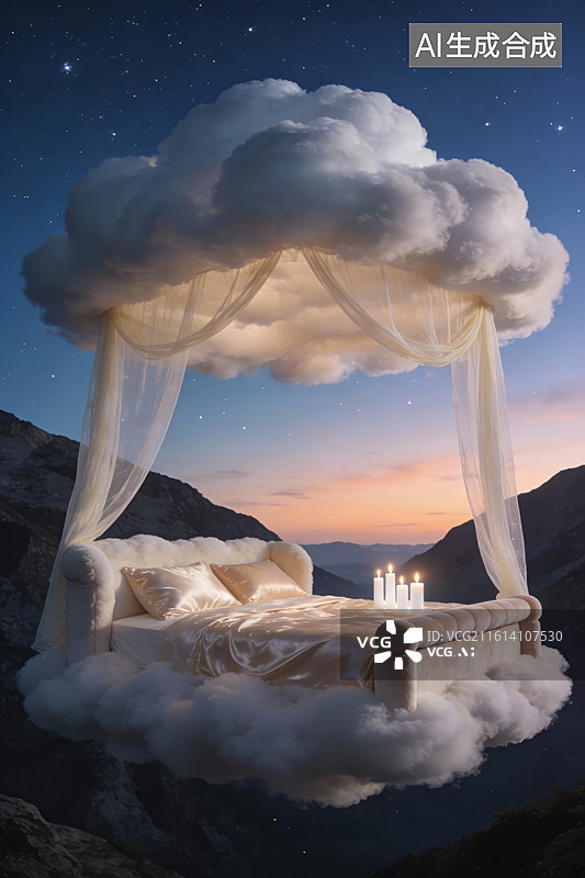 【AI数字艺术】山间云端梦幻床榻图片素材