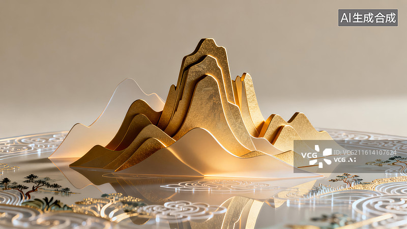 【AI数字艺术】金色抽象山峦雕塑与装饰底座图片素材