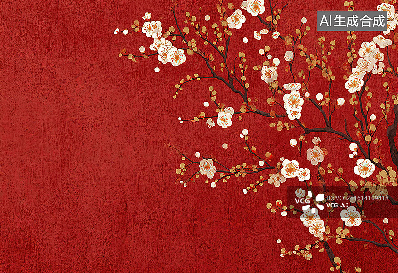 【AI数字艺术】红色背景上的梅花枝图片素材