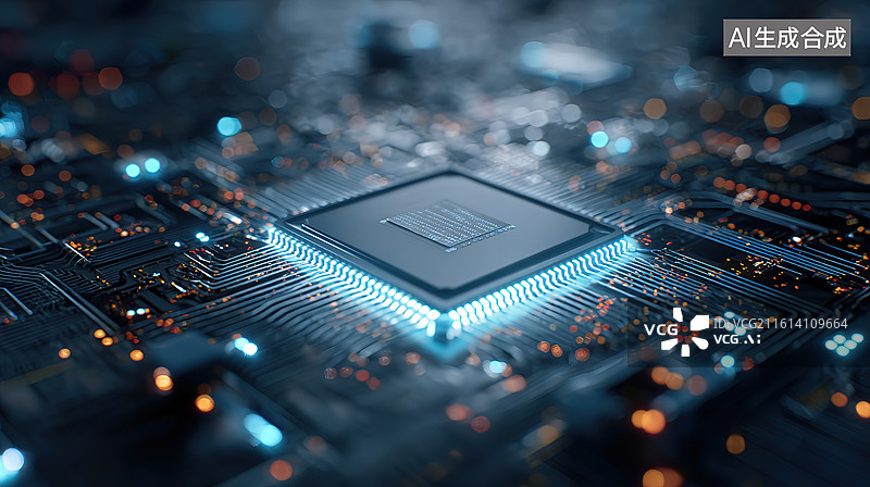 【AI数字艺术】发光芯片电路板特写图片素材