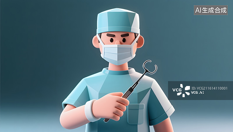 【AI数字艺术】穿着蓝色手术服拿着医疗器械的外科医生卡通形象图片素材