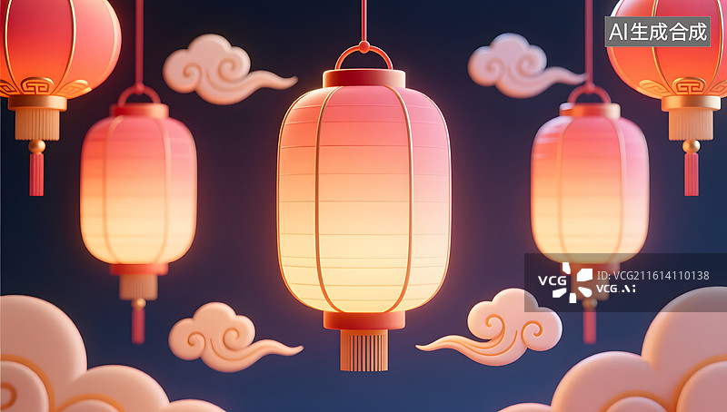 【AI数字艺术】春节灯笼结合祥云展现东方美学图片素材