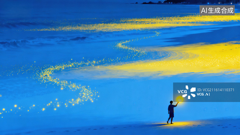 【AI数字艺术】夜色中手持光球的人影图片素材