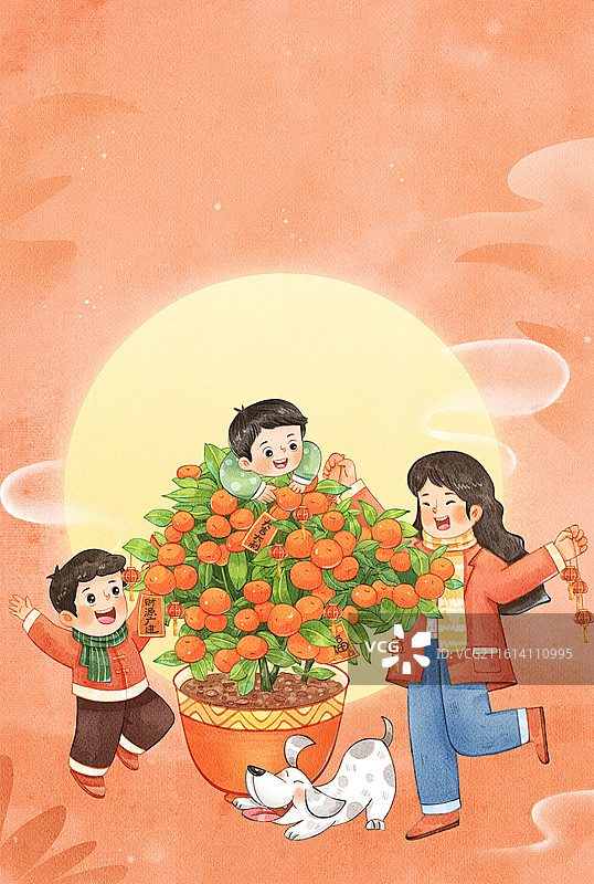 手绘水彩新年装饰金橘喜庆治愈系竖图插画图片素材