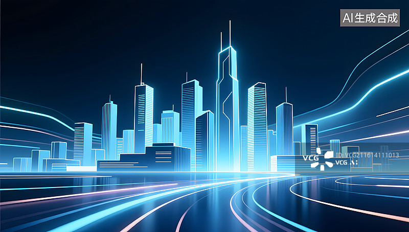 【AI数字艺术】抽象流光构成的未来智慧城市轮廓背景图片素材