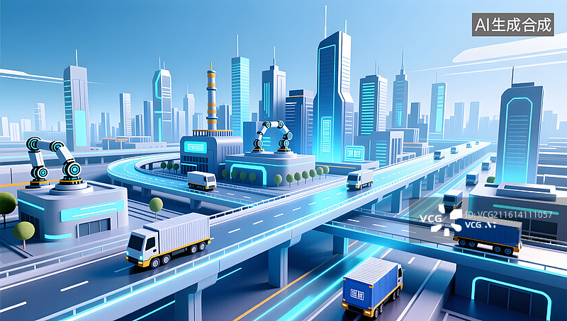 【AI数字艺术】未来自动化智慧物流系统贯穿城市高架图片素材