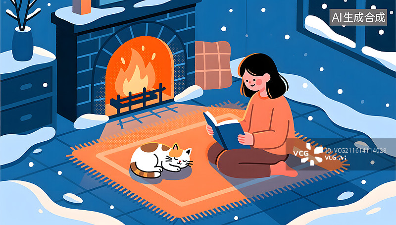 【AI数字艺术】冬季壁炉旁女孩温暖阅读插画图片素材