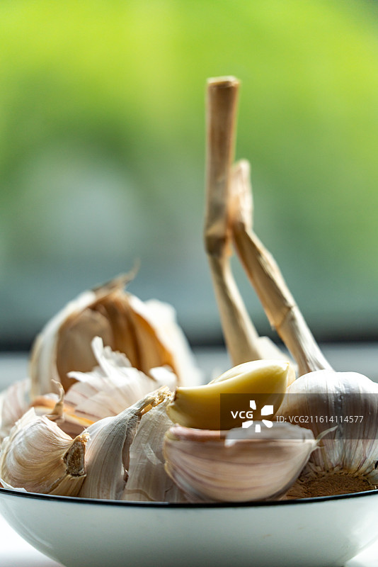 盘子里的新鲜大蒜蒜头调味品食物的高角度视图图片素材