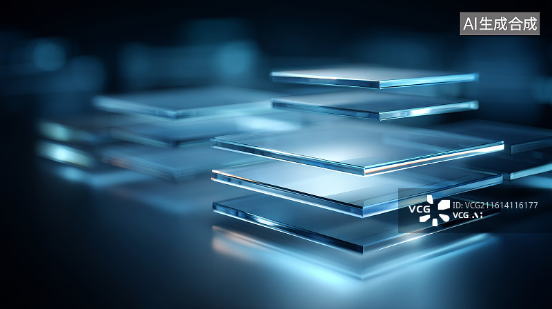 【AI数字艺术】黑暗背景中层叠发光的蓝色玻璃方块科技概念图图片素材