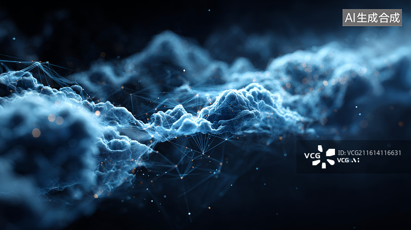 【AI数字艺术】黑暗背景中交织着连接线条与光点的蓝色星云风暴图片素材