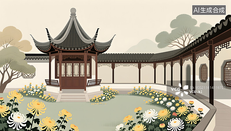 【AI数字艺术】菊花盛开的古风庭院与连廊楼阁图片素材