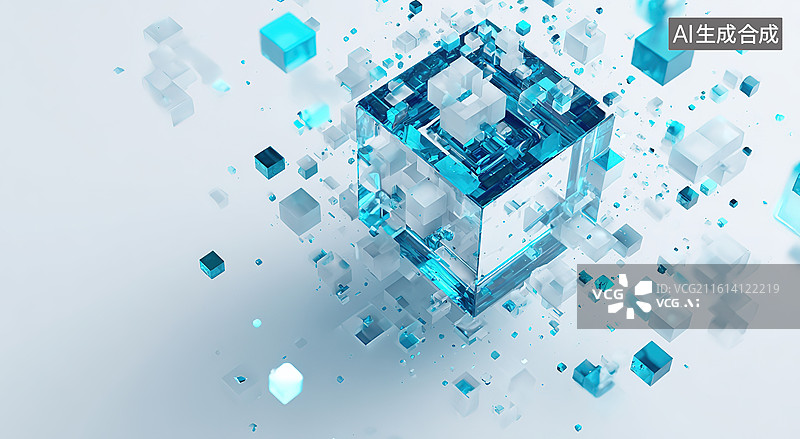 【AI数字艺术】蓝色透明立方体悬浮动态效果图片素材