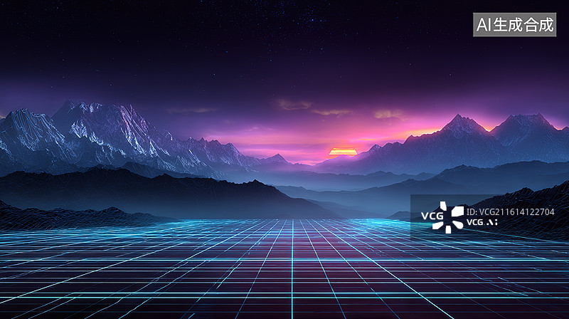 【AI数字艺术】未来山脉与网格地面的科幻景观图片素材