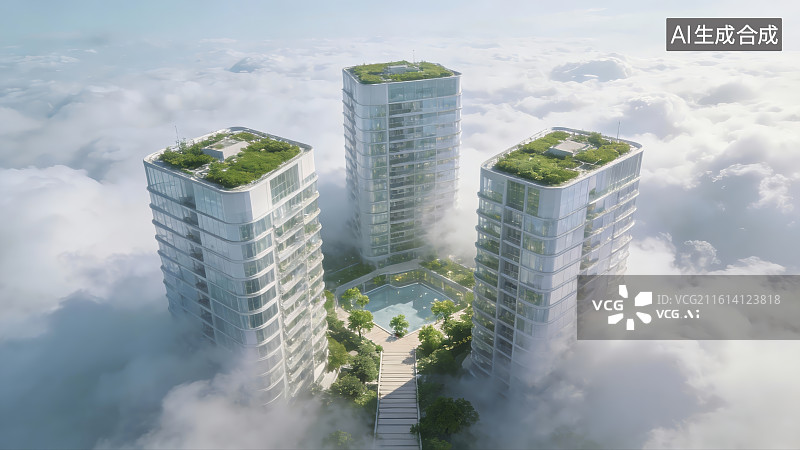 【AI数字艺术】云中现代高层建筑群图片素材