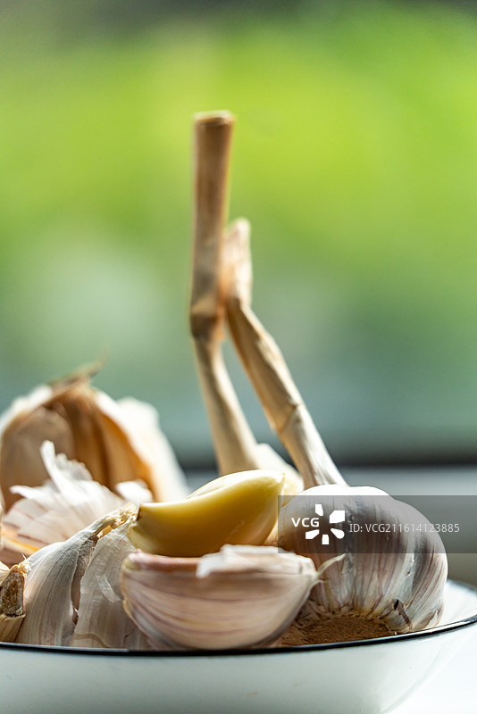 盘子里的新鲜大蒜蒜头调味品食物的高角度视图图片素材