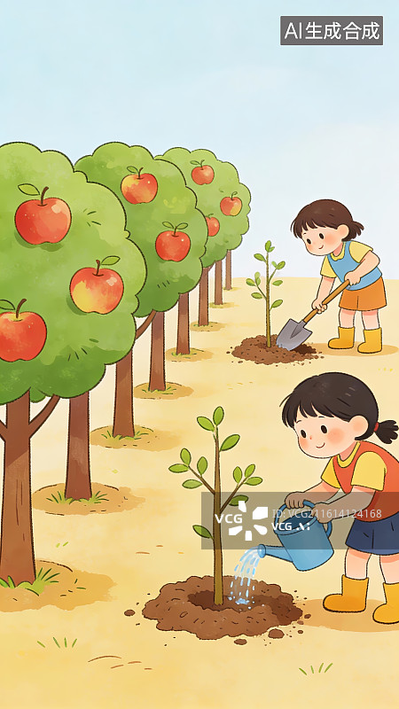 【AI数字艺术】小女孩植树浇水场景图片素材