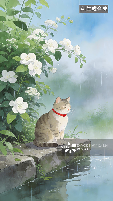 【AI数字艺术】雨中猫咪静坐石边图片素材