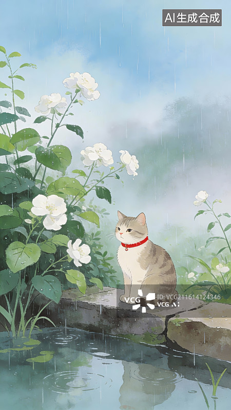 【AI数字艺术】雨中猫咪静坐池边图片素材