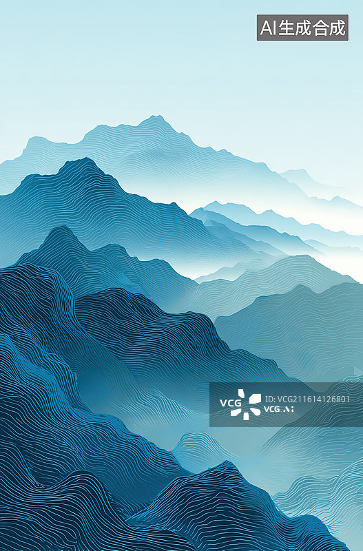 【AI数字艺术】层叠山峦的蓝色雾景图片素材