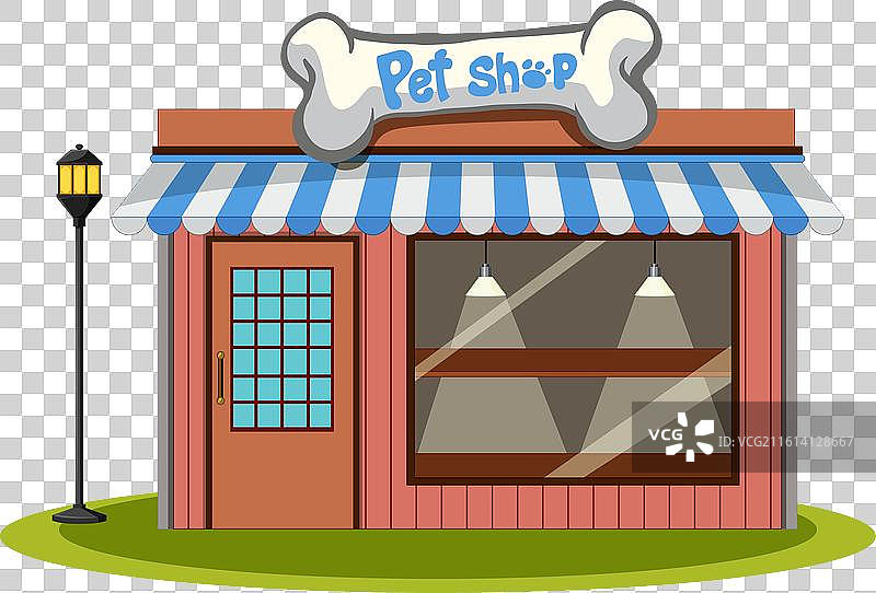 色彩鲜艳的宠物店，带有条纹遮阳篷图片素材