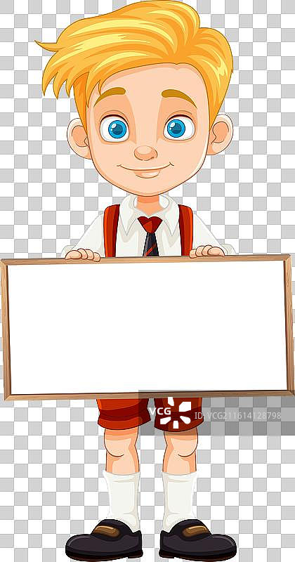 穿着制服的金发男孩举着空白牌子图片素材