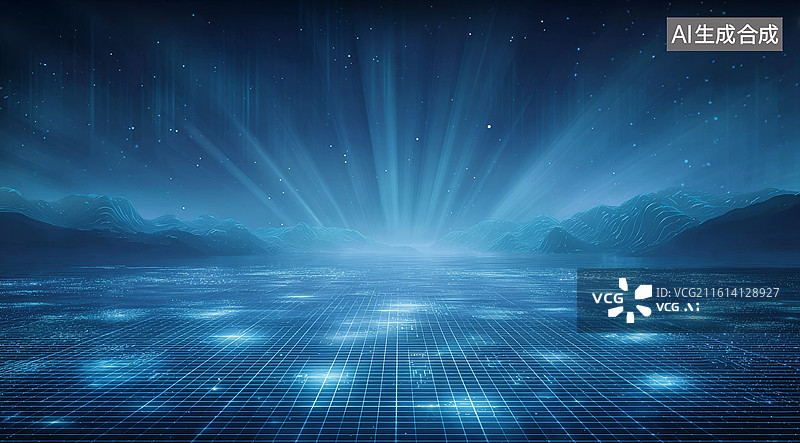【AI数字艺术】蓝色科技感网格地面与光芒四射的星空背景图片素材