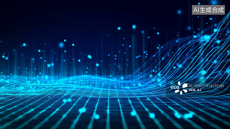 【AI数字艺术】蓝色科技波浪与光点交织的抽象数字背景图片素材