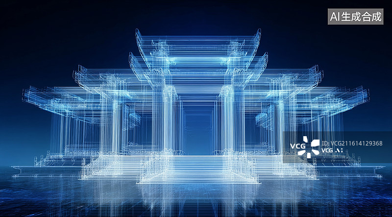 【AI数字艺术】蓝色光影中的传统建筑轮廓图片素材