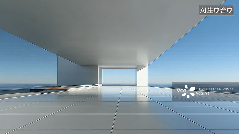 【AI数字艺术】现代简约建筑露台临海景观图片素材