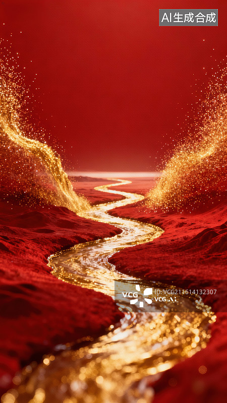 【AI数字艺术】金色河流在红色大地蜿蜒流淌图片素材