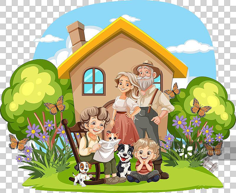 一家人与狗狗在花园里享受时光图片素材