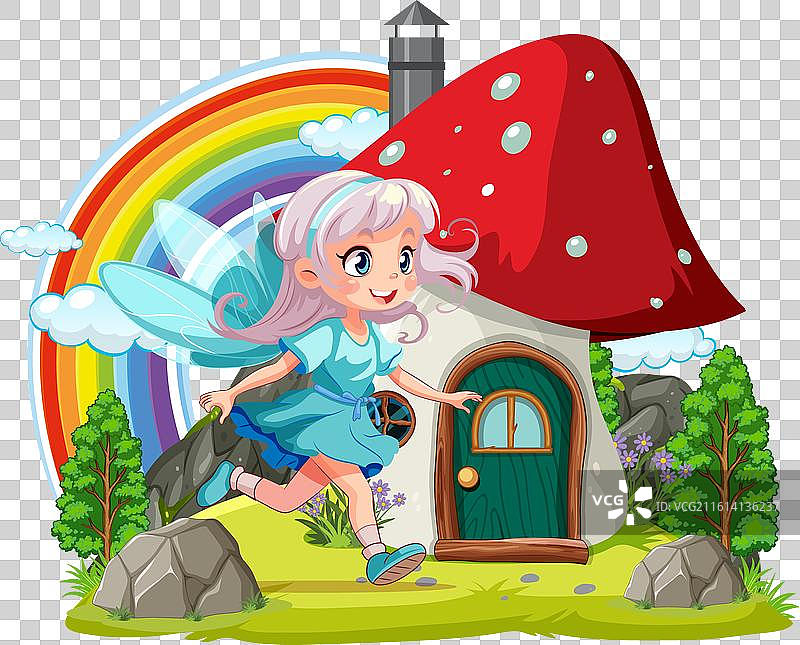 仙女在蘑菇屋附近奔跑图片素材