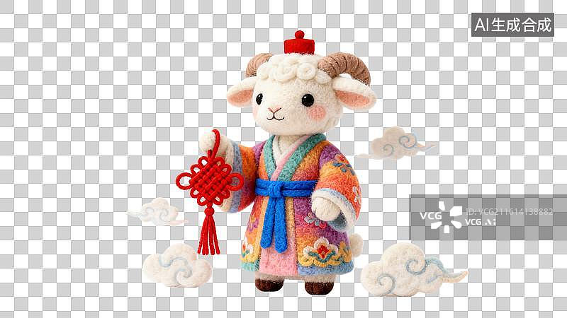 【AI数字艺术】卡通毛毡风格的十二生肖拿红色中国结  身穿中国风红色喜庆服饰祥云环绕的十二生肖形象图片素材