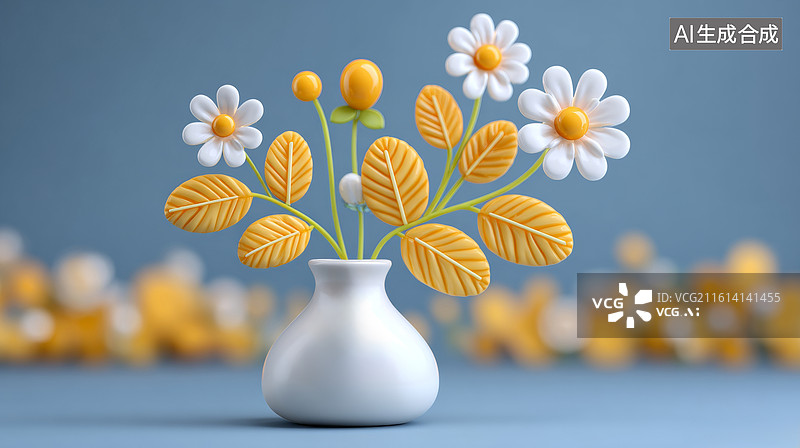 【AI数字艺术】白色花瓶中的黄色花朵与叶片图片素材