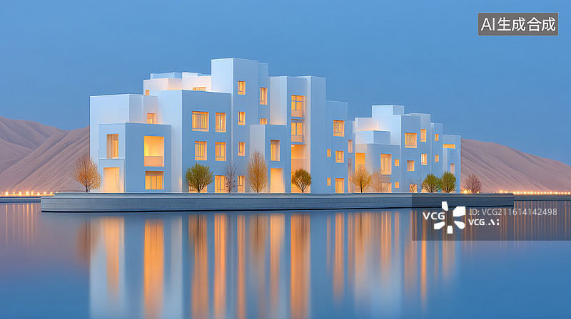 【AI数字艺术】水边的建筑群图片素材