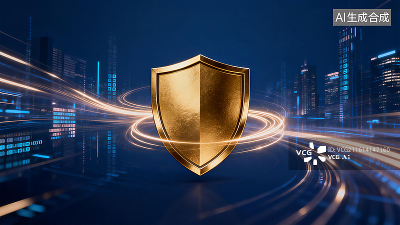 【AI数字艺术】金色盾牌与未来城市夜景图片素材