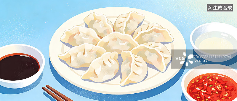 【AI数字艺术】一盘饺子和调料国潮风插画图片素材