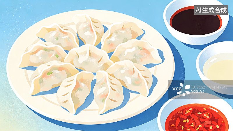 【AI数字艺术】一盘饺子和调料国潮风插画图片素材